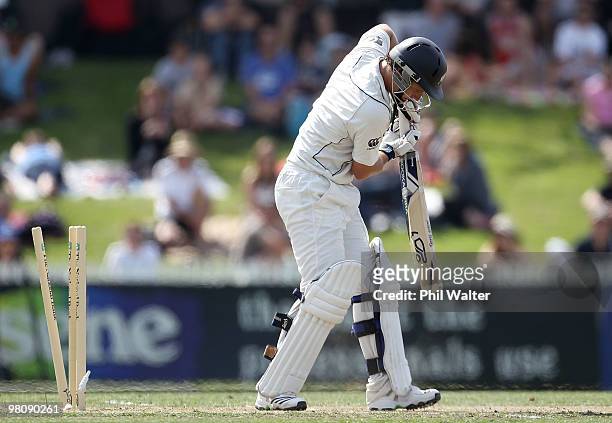 Watling of New Zealand is bowled by Doug Bollinger of Australia during day two of the Second Test Match between New Zealand and Australia at Seddon...
