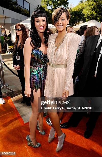 Singers Katy Perry and Rihanna arrive at Nickelodeon's 23rd Annual Kids' Choice Awards held at UCLA's Pauley Pavilion on March 27, 2010 in Los...