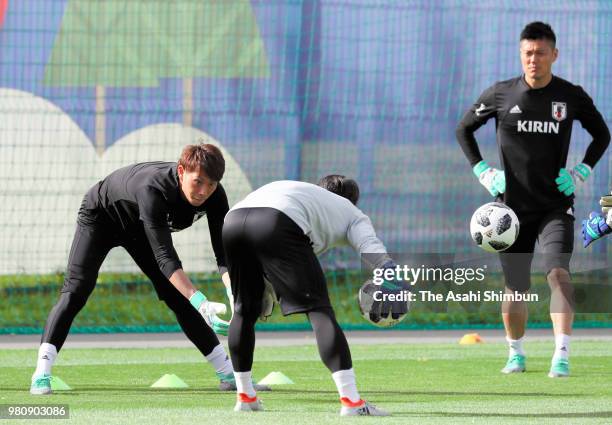 Masaaki Higashiguchi and Eiji Kawashima of Japan in action during the Japan training session on June 21, 2018 in Kazan, Russia.