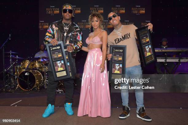 Jeremih, Serayah and Christian "Hitmaka" Ward accept award for "Bounce Back" onstage at the 31st Annual ASCAP Rhythm & Soul Music Awards at the...