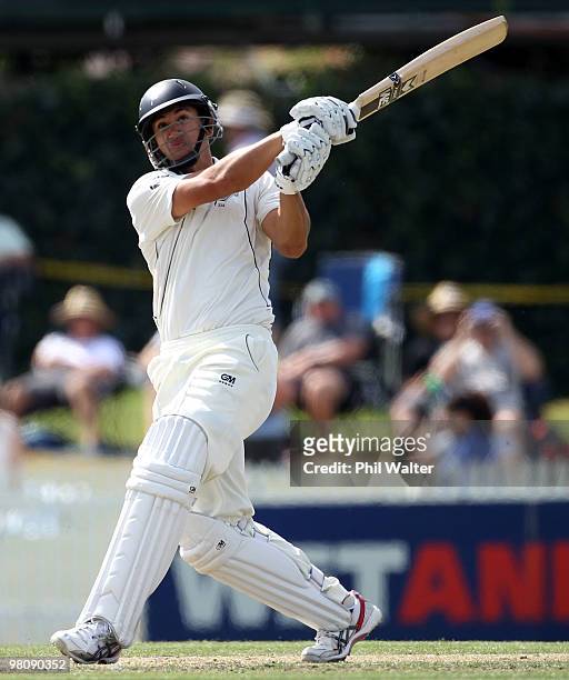 Ross Taylor of New Zealand bats during day two of the Second Test Match between New Zealand and Australia at Seddon Park on March 28, 2010 in...