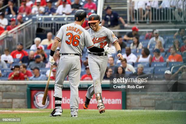Colby Rasmus of the Baltimore Orioles celebrates with Caleb Joseph after hitting a solo home run in the second inning against the Washington...