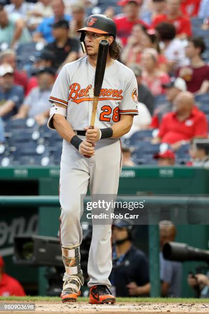 Colby Rasmus of the Baltimore Orioles waits to bat against the Washington Nationals at Nationals Park on June 21, 2018 in Washington, DC.