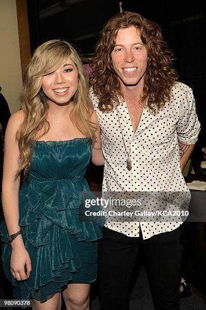 Actress Jennette McCurdy and Olympic snowboarder Shaun White backstage at Nickelodeon's 23rd Annual Kids' Choice Awards held at UCLA's Pauley...