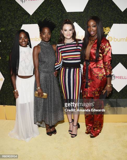 Singer-songwriters Nick & Navi, Bumble Chief Brand Officer Alex Williamson and singer Estelle arrive at the BET Her Awards Presented By Bumble at The...