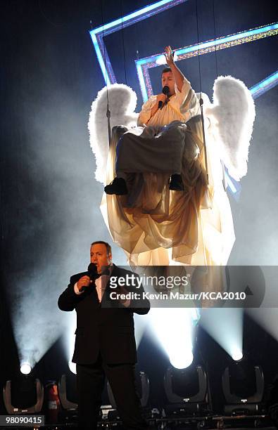 Host Kevin James and Adam Sandler onstage at Nickelodeon's 23rd Annual Kids' Choice Awards held at UCLA's Pauley Pavilion on March 27, 2010 in Los...