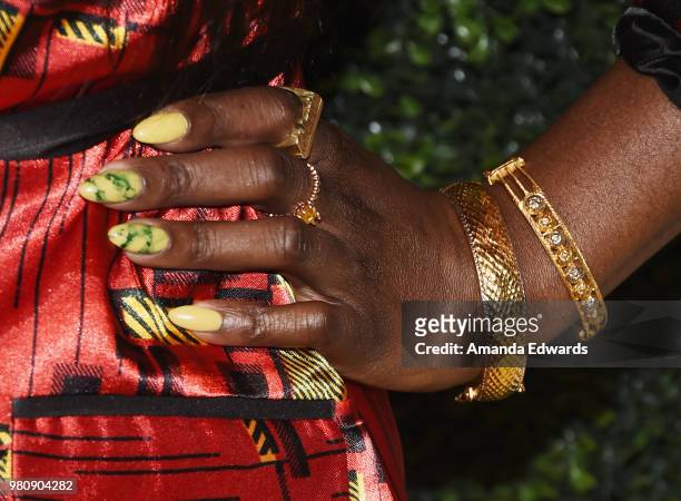 Singer-songwriter Estelle, manicure and jewelry detail, arrives at the BET Her Awards Presented By Bumble at The Conga Room at L.A. Live on June 21,...