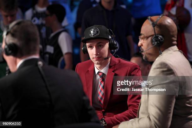 Dzanan Musa talks with media after being selected twenty-ninth overall during the 2018 NBA Draft on June 21, 2018 at Barclays Center in Brooklyn, New...