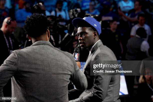 Kyrhi Thomas talks with media after being selected thirty-eighth overall by the Philadelphia 76ers during the 2018 NBA Draft on June 21, 2018 at...