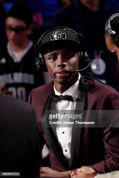 Hamidou Diallo talks with media after being selected forty-fifth overall during the 2018 NBA Draft on June 21, 2018 at Barclays Center in Brooklyn,...