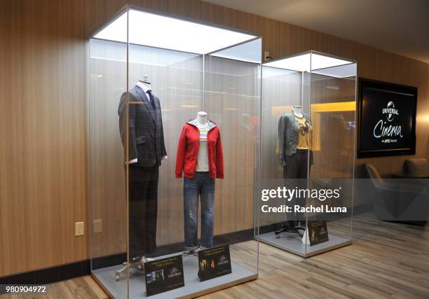 Original costumes worn by actors Toby Jones, Isabella Sermon and Daniella Pineda in "Jurassic: World: Fallen Kingdom" are displayed inside Universal...