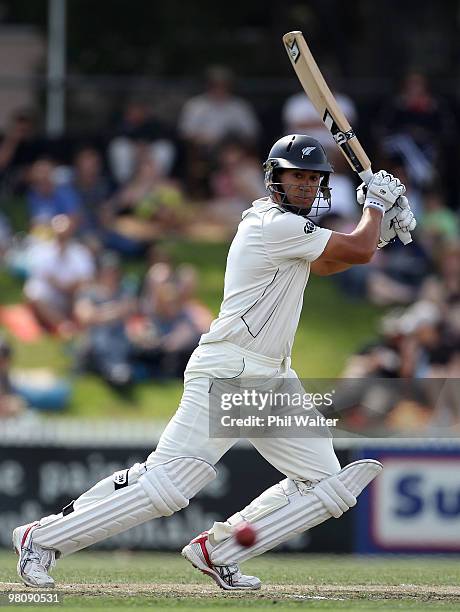 Ross Taylor of New Zealand bats during day two of the Second Test Match between New Zealand and Australia at Seddon Park on March 28, 2010 in...