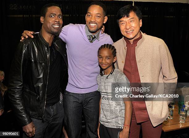 Actors Chris Rock, Will Smith, Jaden Smith, and Jackie Chan backstage at Nickelodeon's 23rd Annual Kids' Choice Awards held at UCLA's Pauley Pavilion...
