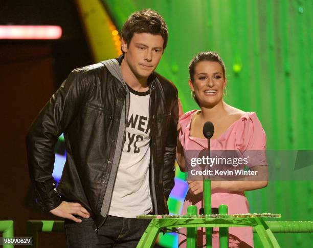 Actor Cory Monteith and actress Lea Michele present the Favorite TV Actor award onstage at Nickelodeon's 23rd Annual Kids' Choice Awards held at...