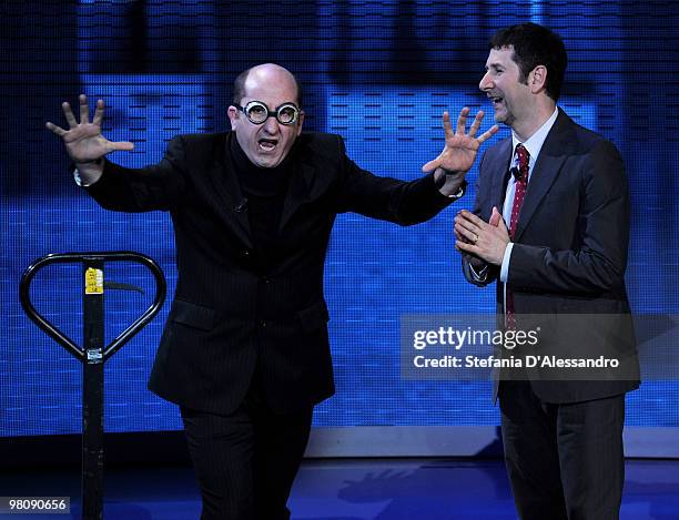 Antonio Albanese and Fabio Fazio attend the ''Che Tempo Che Fa'' television show at the Rai Studios on March 27, 2010 in Milan, Italy.