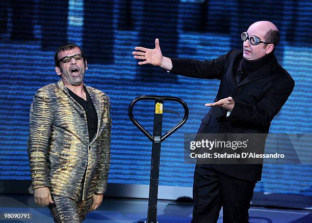 Nicola Rignanese and Antonio Albanese attend the ''Che Tempo Che Fa'' television show at the Rai Studios on March 27, 2010 in Milan, Italy.