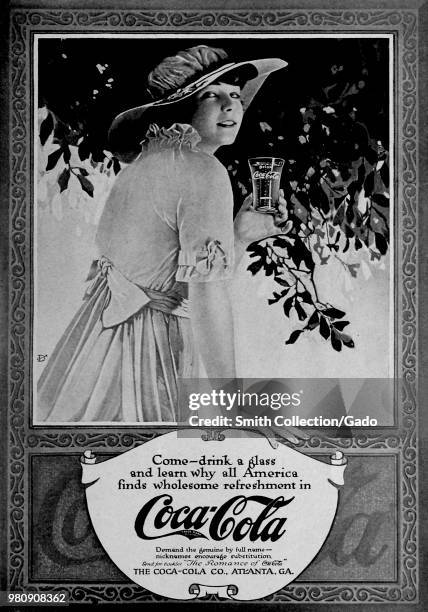 Black and white print advertisement for Coca-Cola, depicting a young woman, wearing a hat and ruffled dress, holding a glass of Coca-cola in her hand...