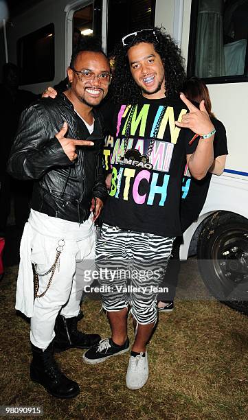 Apl.de.ap and SkyBlu of LMFAO backstage at Ultra Music Festival at Bicentennial Park on March 26, 2010 in Miami, Florida.