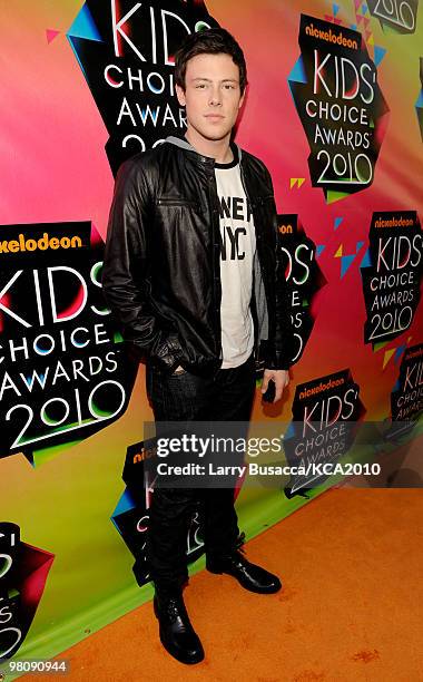 Actor Cory Monteith arrives at Nickelodeon's 23rd Annual Kids' Choice Awards held at UCLA's Pauley Pavilion on March 27, 2010 in Los Angeles,...