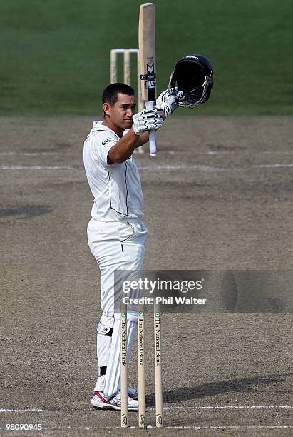 Ross Taylor of New Zealand celebrates his century during day two of the Second Test Match between New Zealand and Australia at Seddon Park on March...