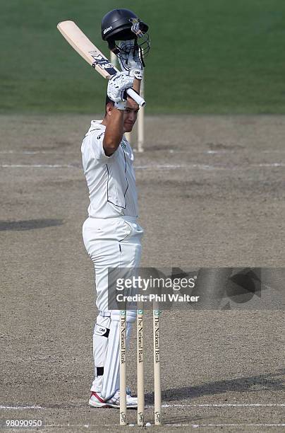 Ross Taylor of New Zealand celebrates his century during day two of the Second Test Match between New Zealand and Australia at Seddon Park on March...