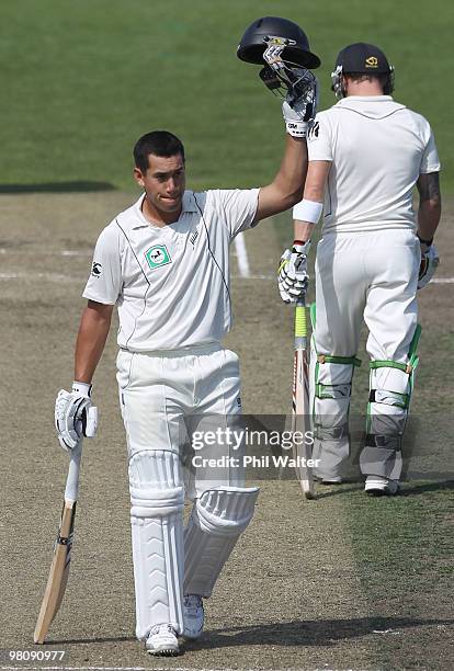 Ross Taylor of New Zealand celebrates his century during day two of the Second Test Match between New Zealand and Australia at Seddon Park on March...