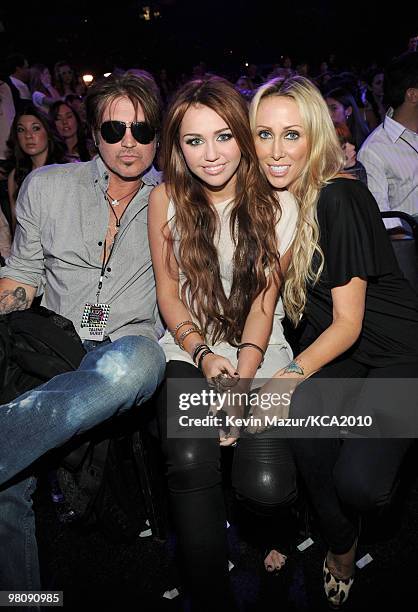 Billy Ray Cyrus, Miley Cyrus and Tish Cyrus attend Nickelodeon's 23rd Annual Kids' Choice Awards held at UCLA's Pauley Pavilion on March 27, 2010 in...