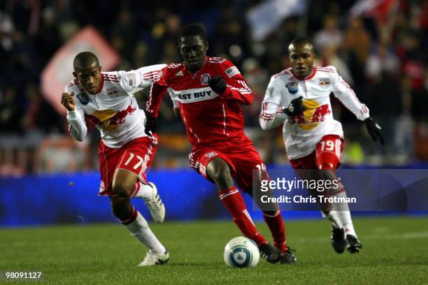 Patrick Nyarko of the Chicago Fire out paces Jeremy Hall and Dane Richards of the New York Red Bulls during the match at Red Bull Arena on March 27,...
