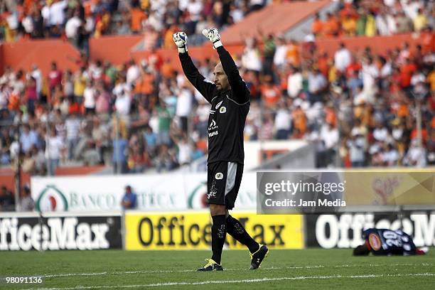 Oscar Perez of Jaguares celebrates scored goal against Monterrey during their match as part of the 2010 Bicentenary Tournament in the Mexican...