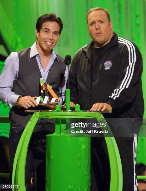 Olympic medalist Apolo Anton Ohno and host Kevin James speak onstage at Nickelodeon's 23rd Annual Kids' Choice Awards held at UCLA's Pauley Pavilion...