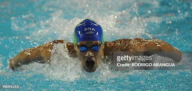 Brazilian Leonardo Deus swims to win gold medal in the men's 200m butterfly event during the IX South American Games in Medellin, Antioquia...