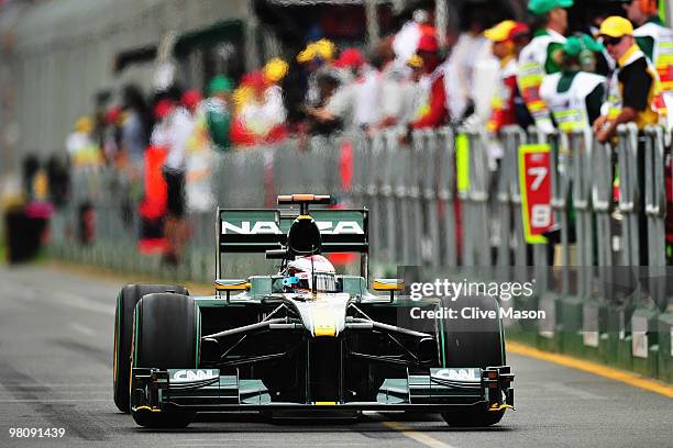 Jarno Trulli of Italy and Lotus drives during qualifying for the Australian Formula One Grand Prix at the Albert Park Circuit on March 27, 2010 in...