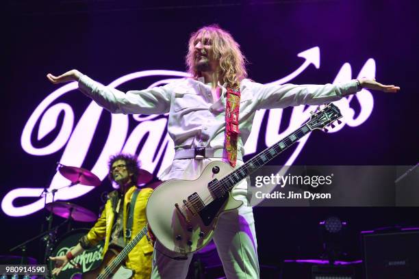 Justin Hawkins of The Darkness performs live on stage at Wembley Arena on June 20, 2018 in London, England.