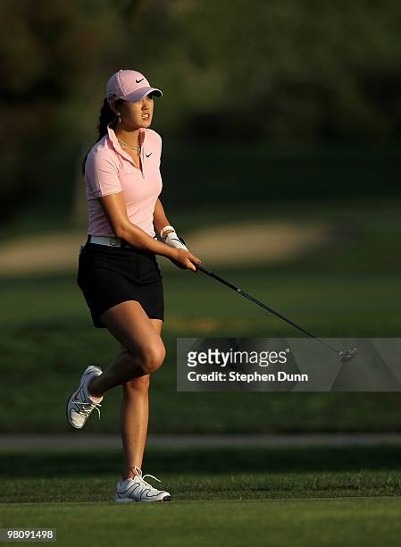 Michelle Wie reacts as she watches her second shot on the 18th hole during the third round of the Kia Classic Presented by J Golf at La Costa Resort...