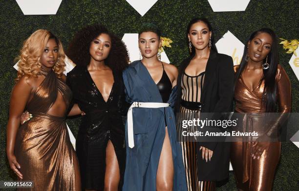 Singers Shyann Roberts, Brienna DeVlugt, Gabby Carreiro, Kristal Smith and Ashly Williams of June's Diary arrive at the BET Her Awards Presented By...