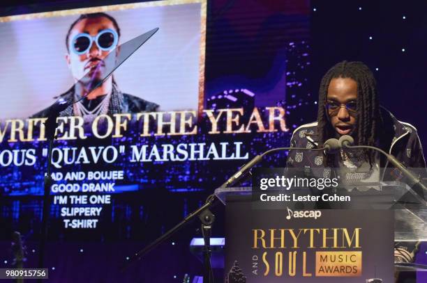 Quavo of Migos speaks onstage at the 31st Annual ASCAP Rhythm & Soul Music Awards at the Beverly Wilshire Four Seasons Hotel on June 21, 2018 in...