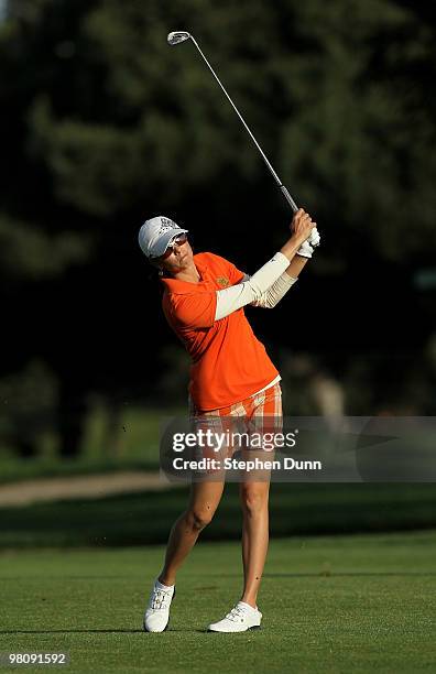 Stacy Prammanasudh hits her second shot on the 18th hole during the third round of the Kia Classic Presented by J Golf at La Costa Resort and Spa on...