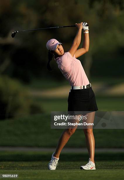 Michelle Wie hits her second shot on the 18th hole during the third round of the Kia Classic Presented by J Golf at La Costa Resort and Spa on March...