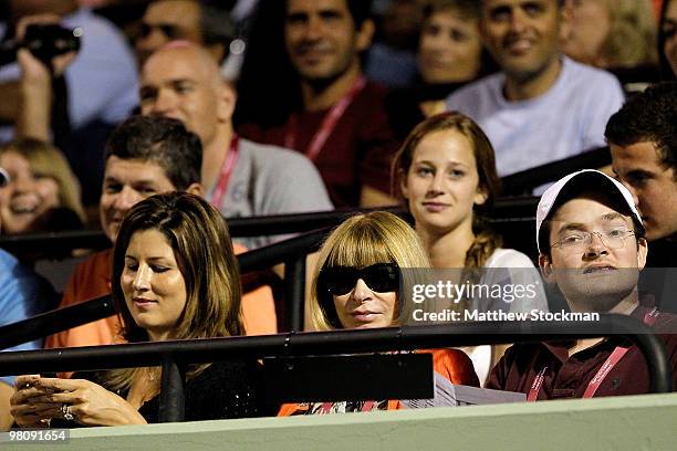 Anna Wintour, sitting next to Mirka Federer , watches Roger Federer of Switzerland play Nicolas Lapentti of Ecuador during day five of the 2010 Sony...