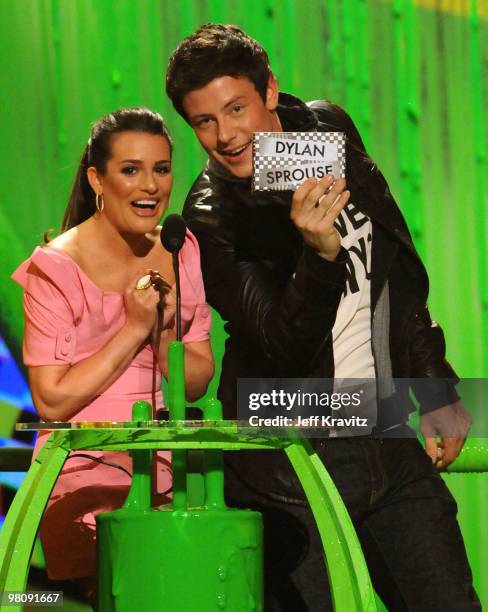 Actor Cory Monteith and actress Lea Michele present the Favorite TV Actor award onstage at Nickelodeon's 23rd Annual Kids' Choice Awards held at...