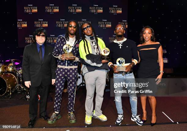 Membership John Titta, Quavo, Takeoff and Offset of Migos and ASCAP SVP, Membership Nicole George-Middleton accept the Vanguard Award onstage at the...