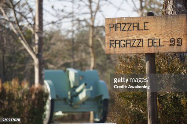 Square dedicated to Italian infantry born in 1899, in Isola dei Morti, is seen on June 21, 2018 in Treviso, Italy. The Island of the Dead is an inlet...