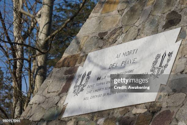 Plaque shows verses of the Italian poet Gabriele D'Annunzio, in the monument dedicated to the fallen, in Isola dei Morti, on June 21, 2018 in...