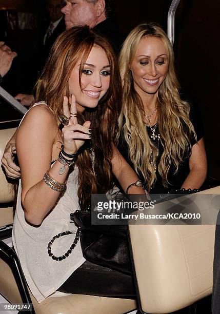 Singer Miley Cyrus and mother Tish Cyrus backstage at Nickelodeon's 23rd Annual Kids' Choice Awards held at UCLA's Pauley Pavilion on March 27, 2010...