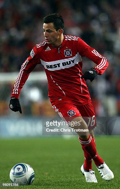 Marco Pappa of the Chicago Fire controls the ball during the game against the New York Red Bulls Red Bull Arena on March 27, 2010 in Harrison, New...