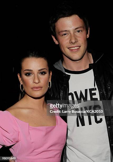 Actress Lea Michele and actor Cory Monteith backstage at Nickelodeon's 23rd Annual Kids' Choice Awards held at UCLA's Pauley Pavilion on March 27,...