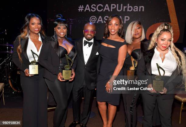 Jermaine Dupri and ASCAP Senior Vice President, Membership Nicole George-Middleton poses with Kandi Burruss, Tamika Scott, LaTocha Scott, and Tameka...
