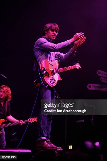 Michael Tomlinson of Yves Klein Blue performs on stage during the Bacardi Express 2010 concert at the Big Top at Luna Park on March 27, 2010 in...