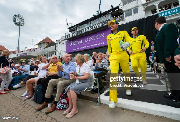 Australian captain Tim Paine leads out his team before the 3rd Royal London ODI match between England and Australia at Trent Bridge on June 19, 2018...