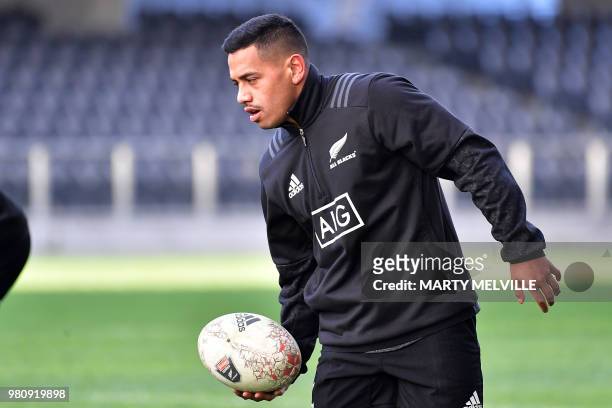 New Zealand's Te Toiroa Tahuriorangi takes part in the captain's run at Forsyth Barr Stadium in Dunedin on June 22 a day ahead of the All Blacks'...